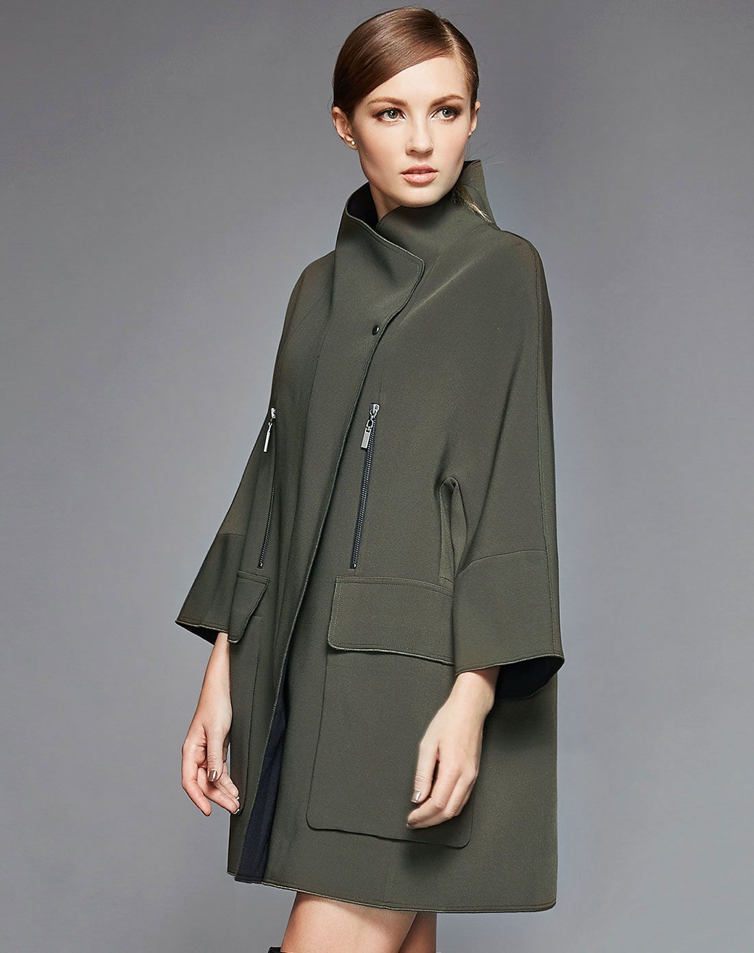 墨绿大立领长袖双拉链时尚大衣