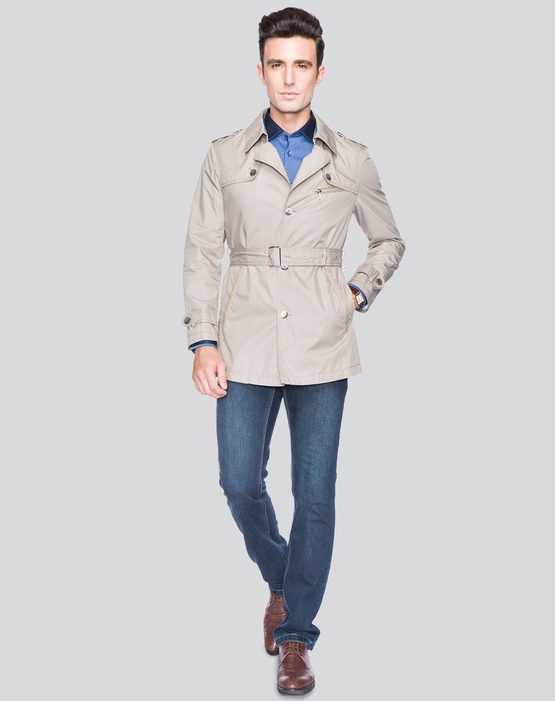灰卡其休闲翻领长袖风衣