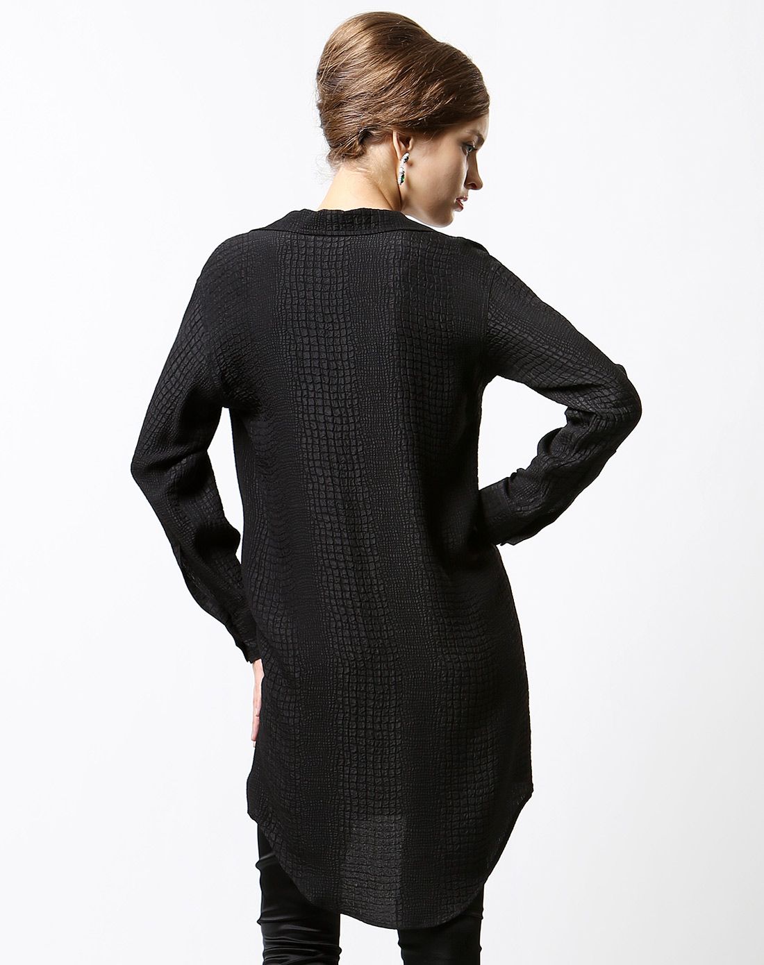 沉言语墨黑真丝提花长袖衬衫