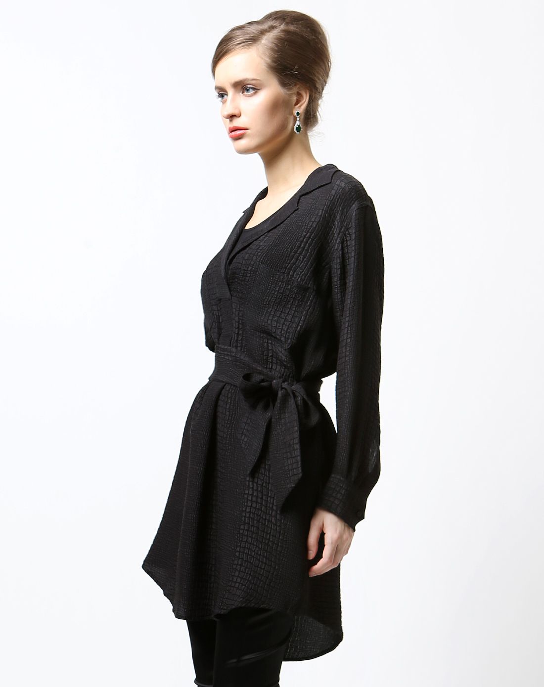 沉言语墨黑真丝提花长袖衬衫