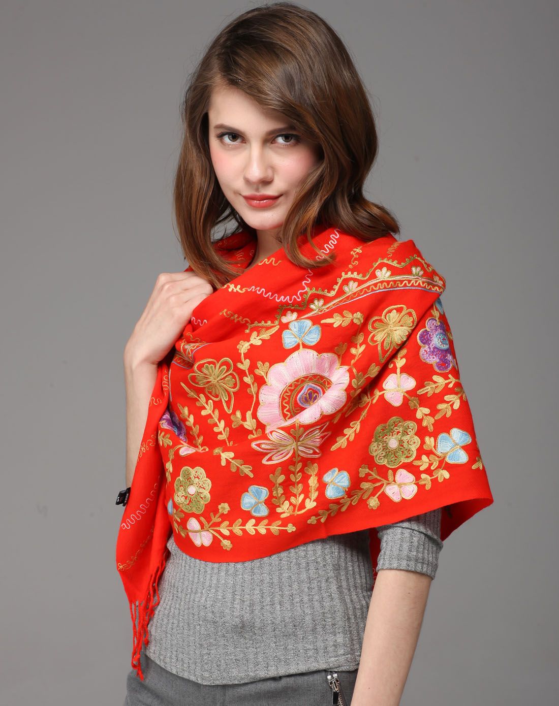 kk&sophia围巾专场印度异域风情羊毛手工绣花围巾kq15238-15_唯品会