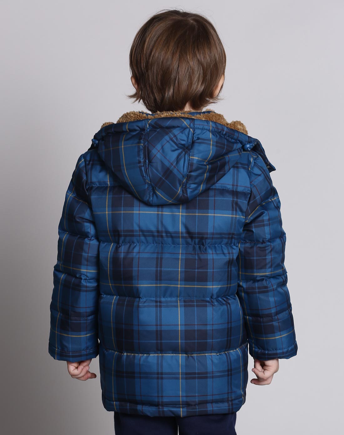 巴柯拉 男童曼哈蓝细格长款羽绒服