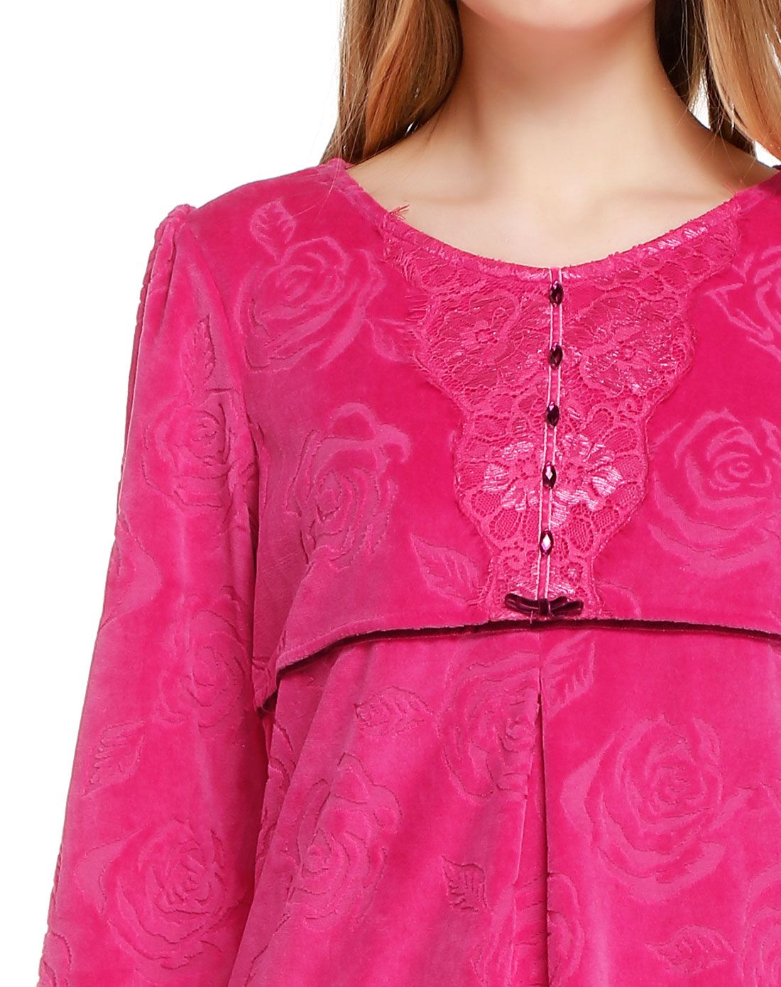 秋鹿女款深桃红色典雅气质长袖睡衣套装