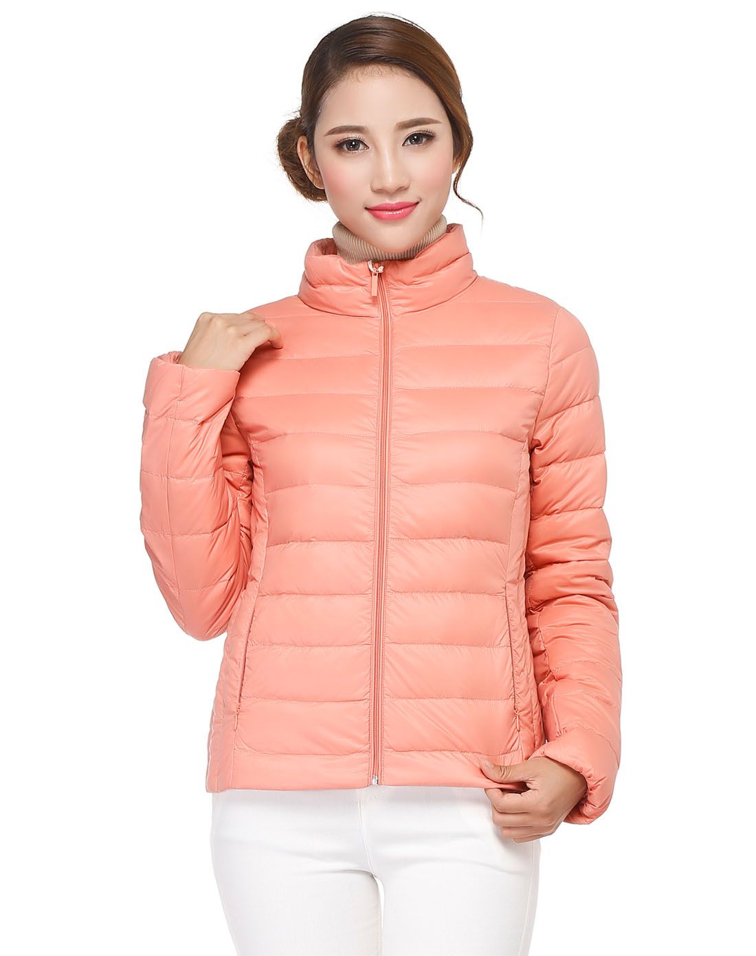 浅橘粉色舒适线纹长袖羽绒服