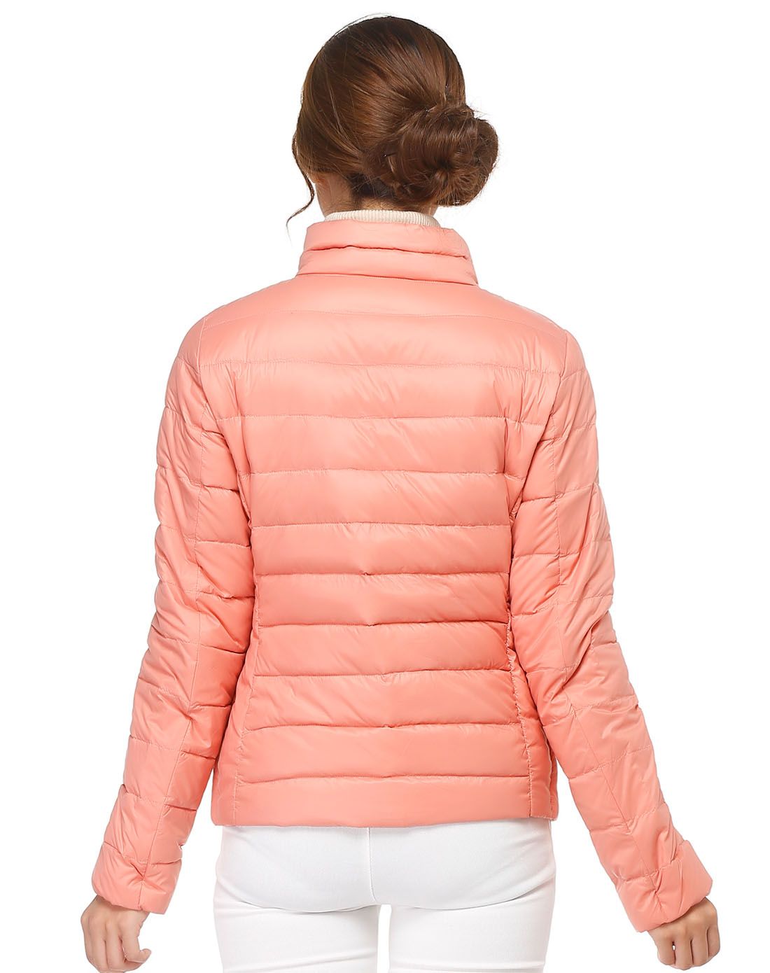 浅橘粉色舒适线纹长袖羽绒服