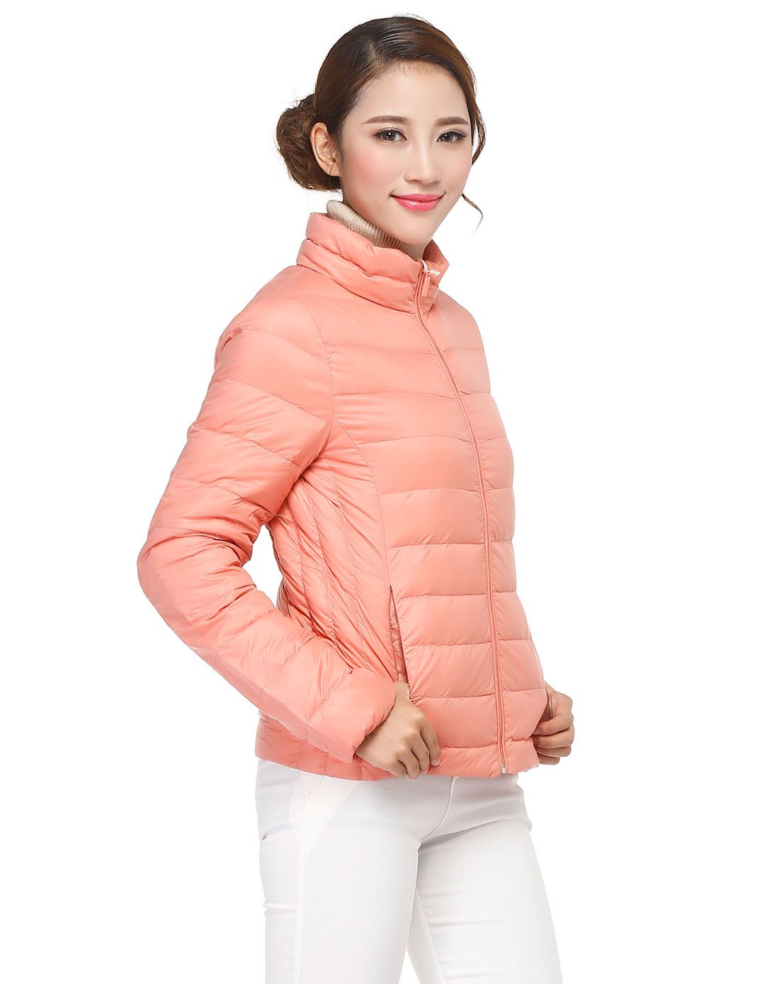 浅橘粉色舒适线纹长袖羽绒服