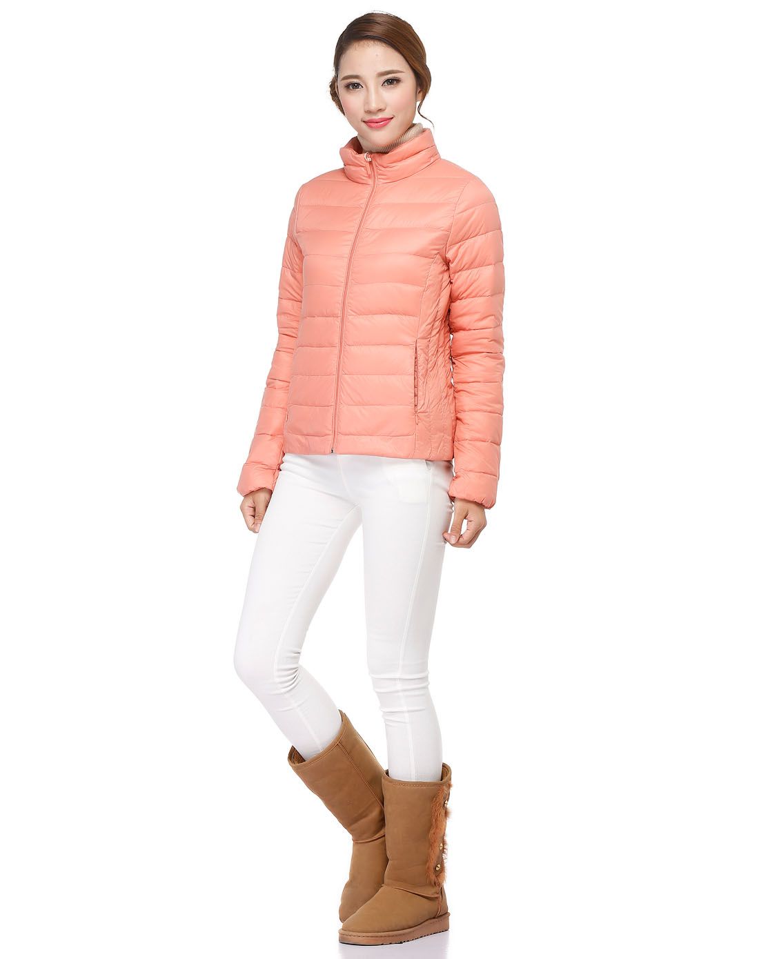 浅橘粉色舒适线纹长袖羽绒服