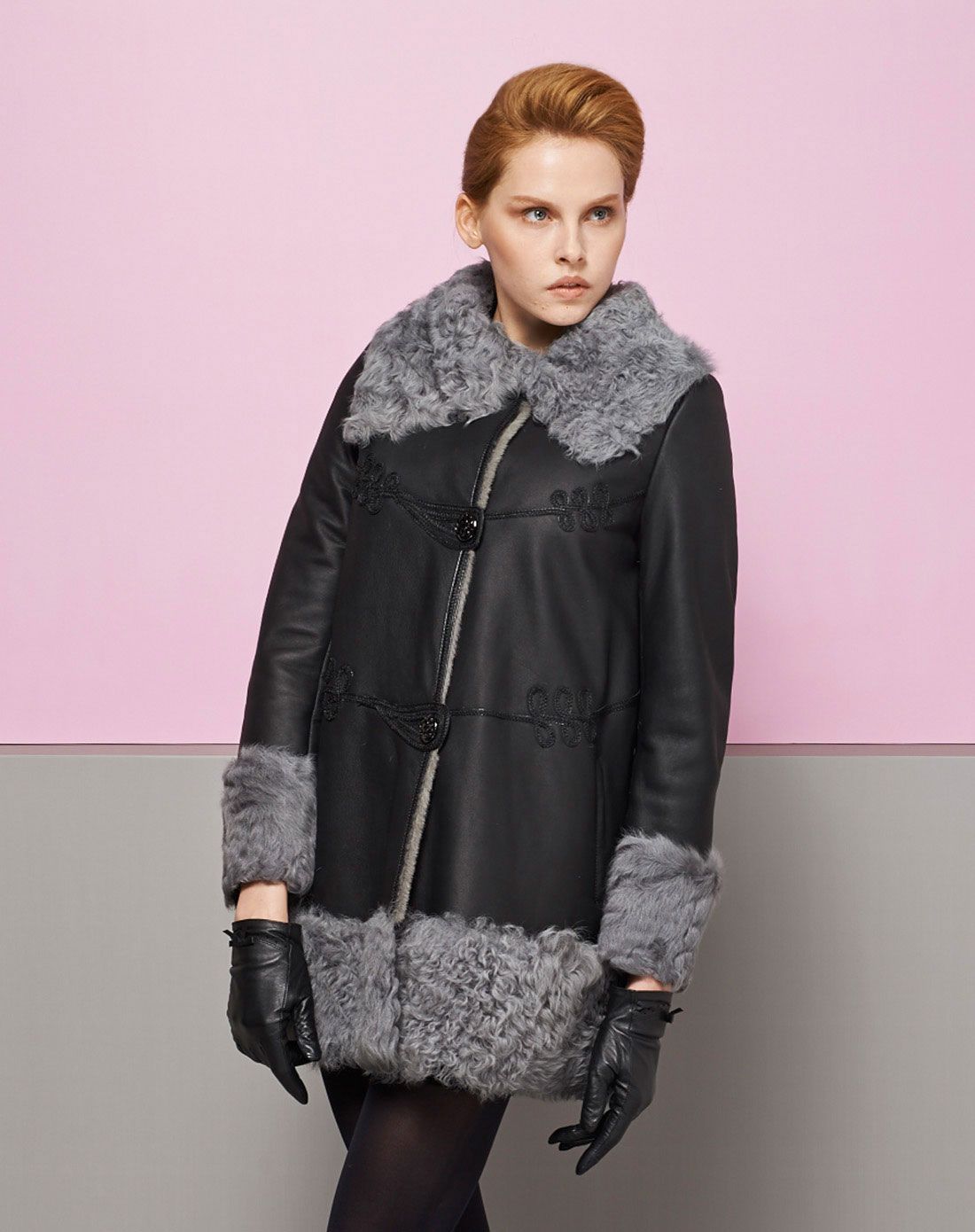 黑色皮草毛领皮毛一体上衣