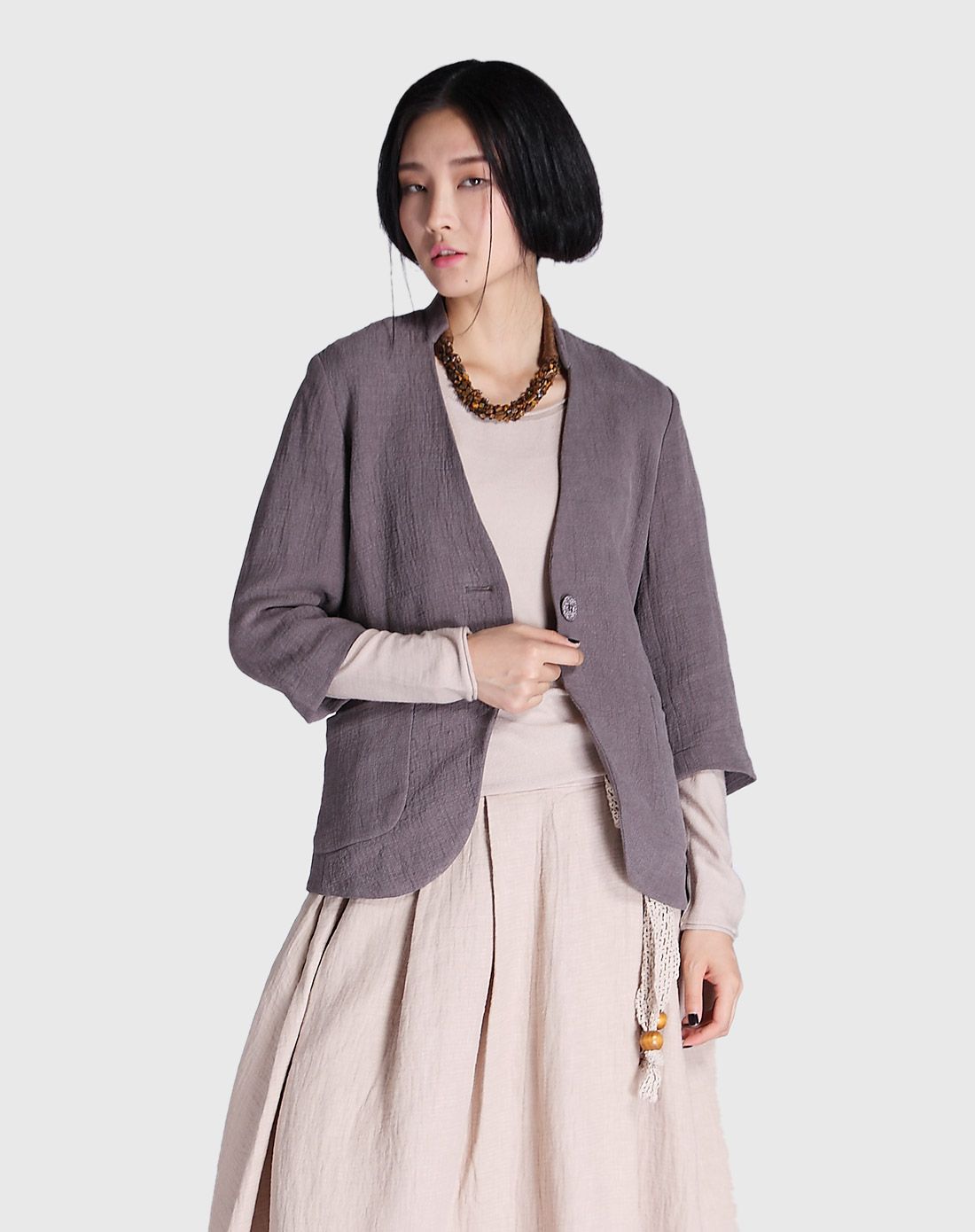 冷咖色七分袖立领短外套