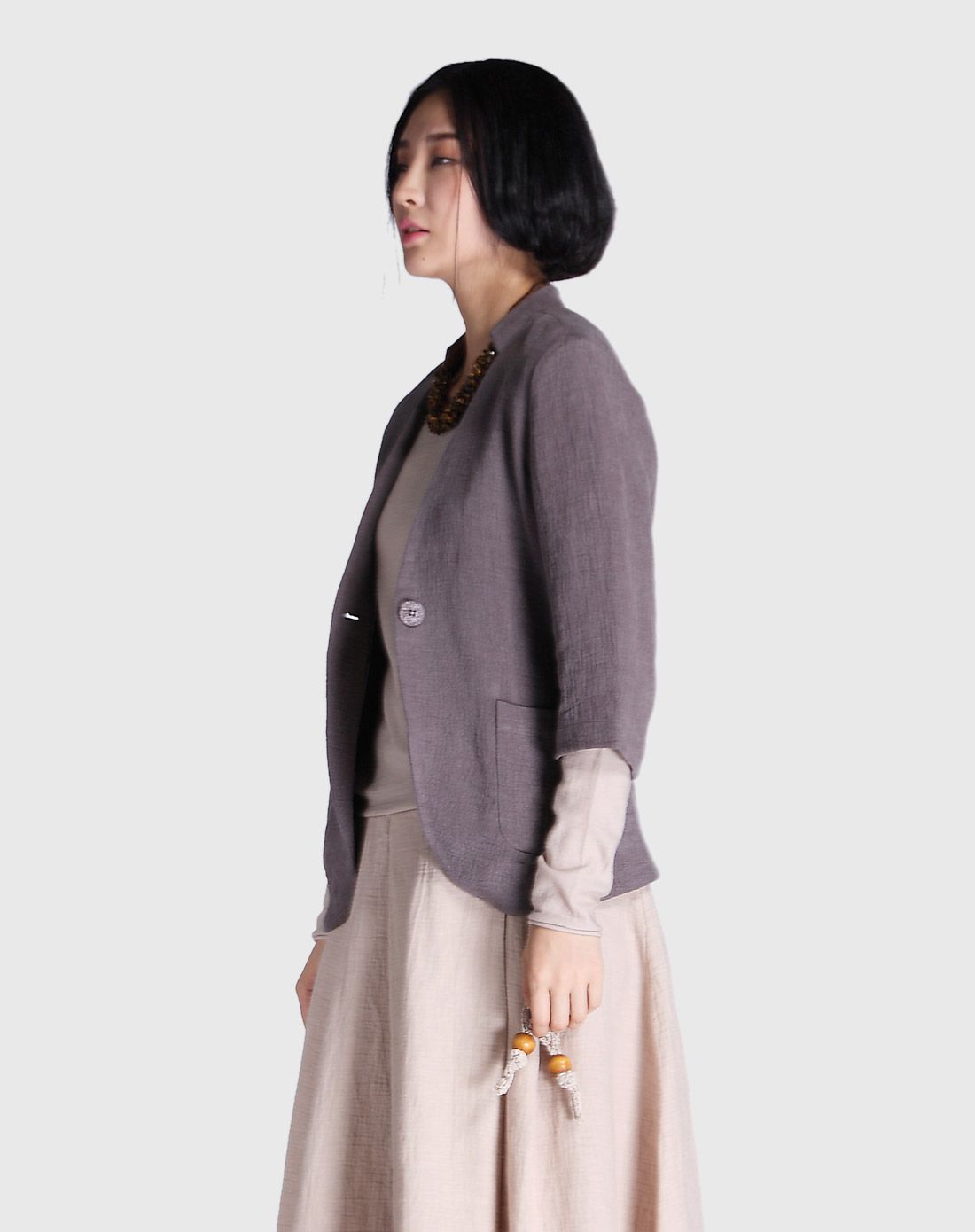 冷咖色七分袖立领短外套