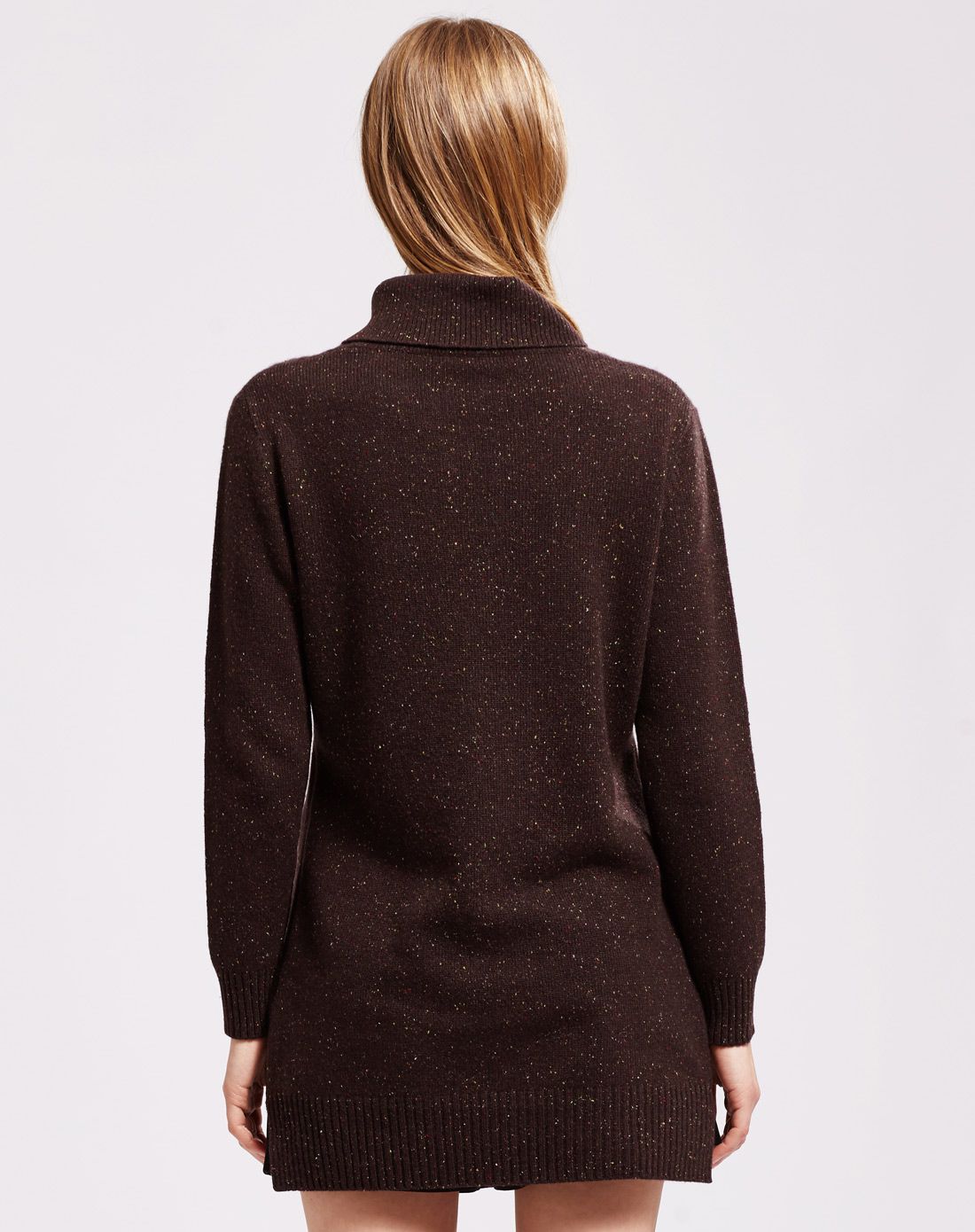 女士咖啡色高领中长款钉珠纯羊绒衫