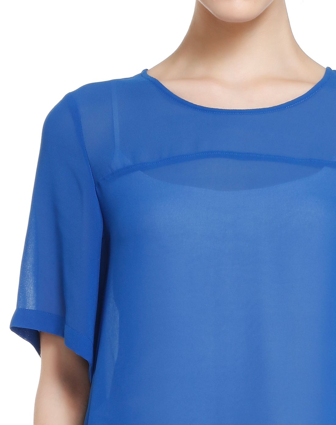 蓝色优雅中长款短袖薄纱上衣