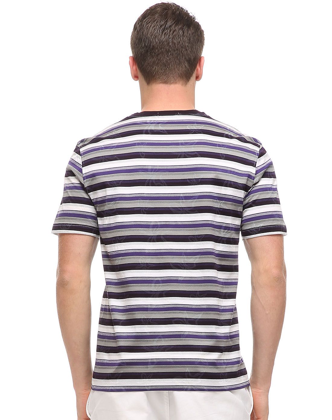 黑灰紫粗条纹年轻活力圆领短袖t恤