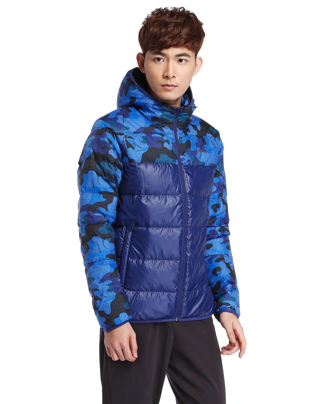 保暖活力 男款蓝色连帽长袖羽绒服