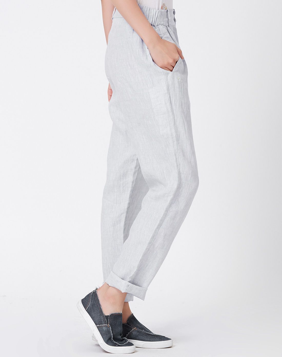 铅白色亚麻时尚舒适百搭单裤