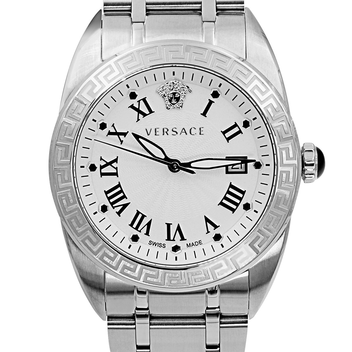 > versace男士镶钻蓝宝石水晶表镜钢带三指针日历表盘石英手表