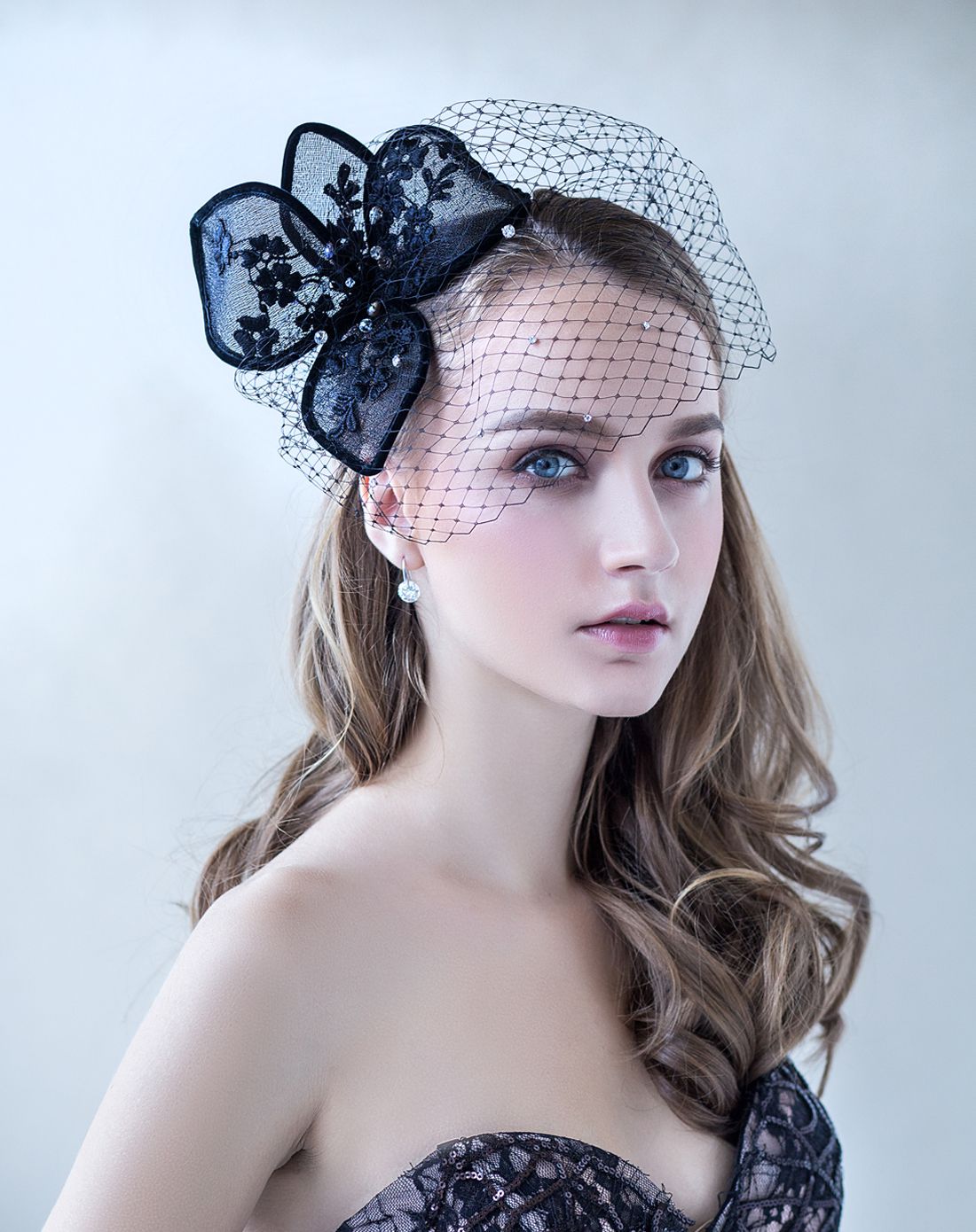 cherry chau 四叶花法国蕾丝水晶网纱遮面小礼帽