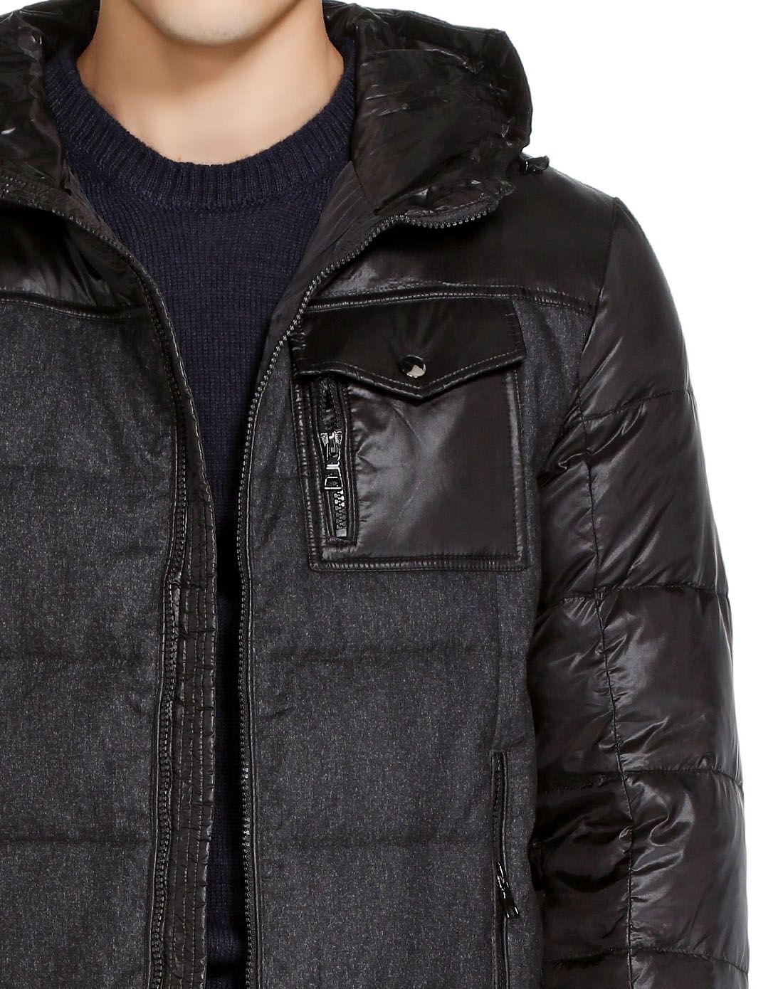 blackgateone67黑灰色个性舒适拼接长袖羽绒服b21428794_唯品会