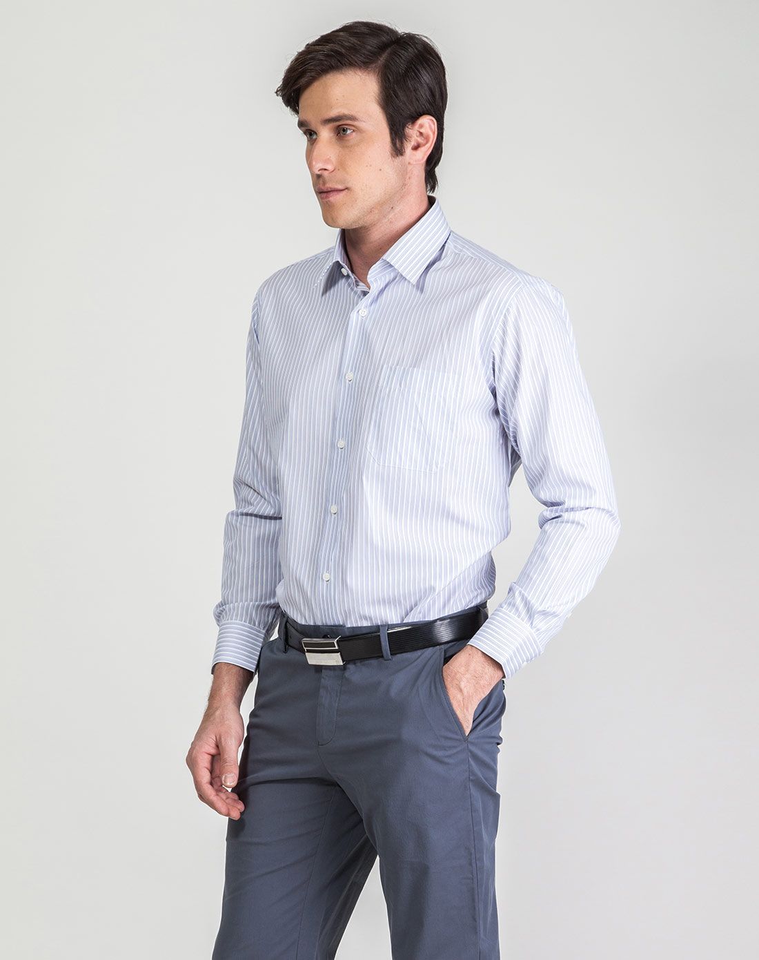 高端商务白底蓝紫条纯棉衬衫