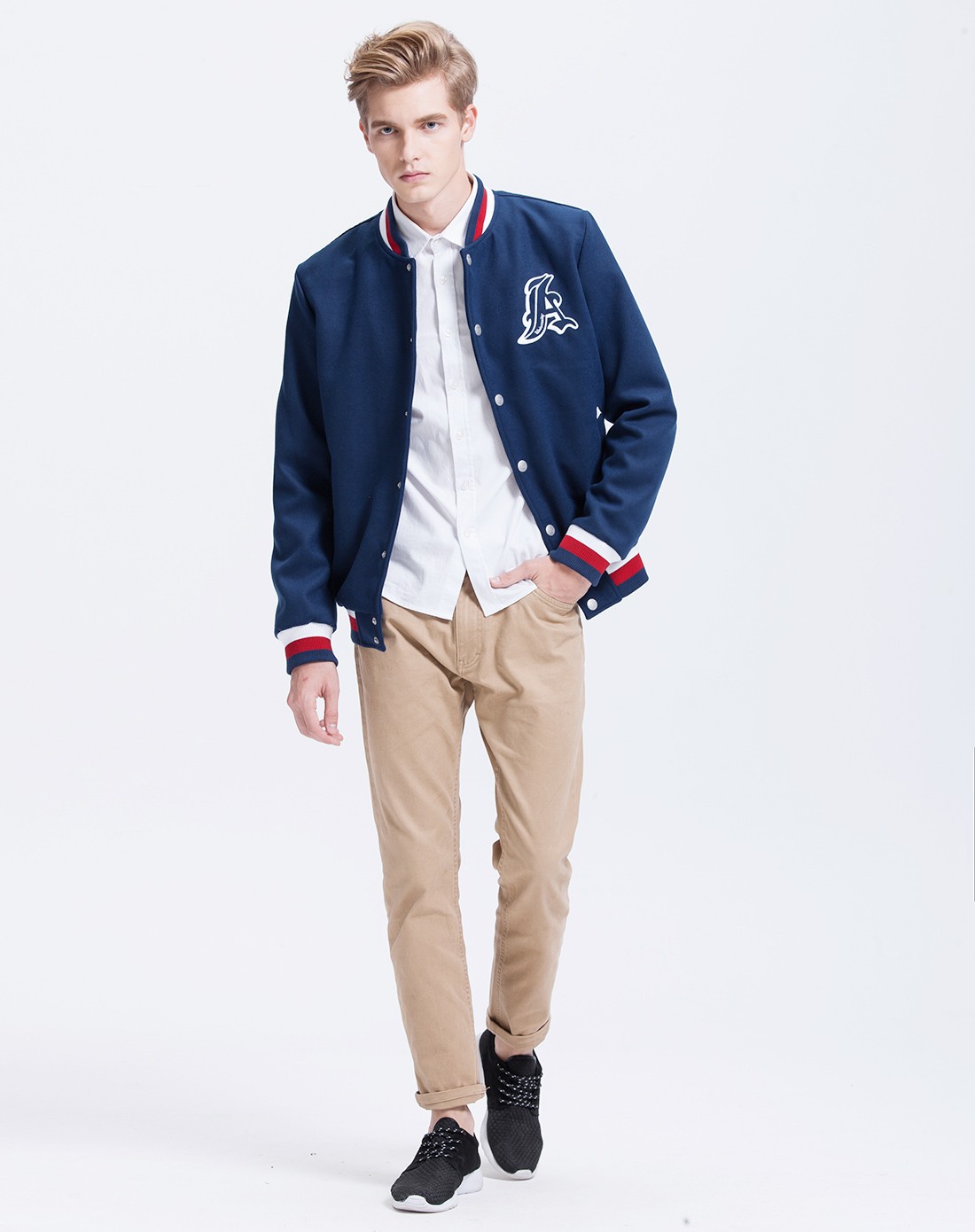 英伦学院系列男装宝蓝合体型夹层棒球服夹克