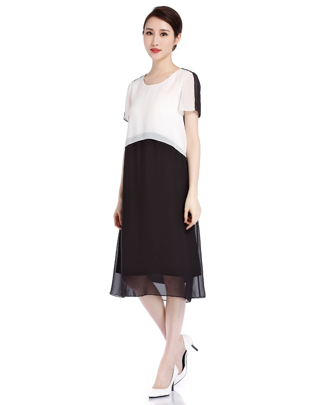 珂莱蒂尔koradior elsewhere女装专场 黑/白色素雅简约短袖连衣裙