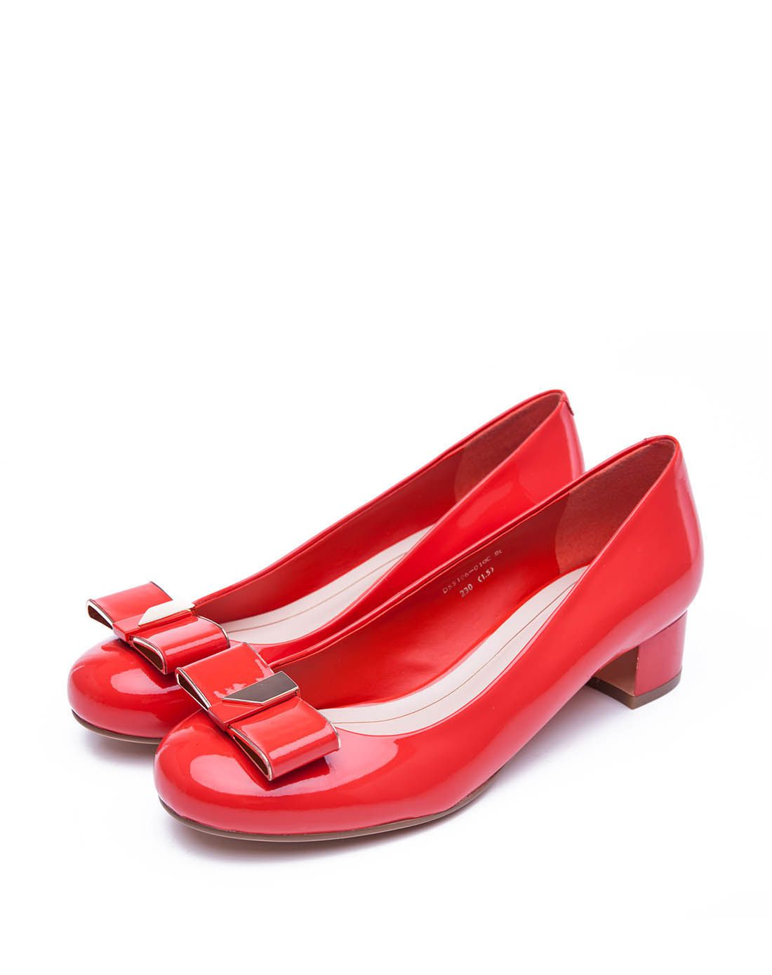 女款浅橙红色平面牛漆皮低跟浅口单鞋