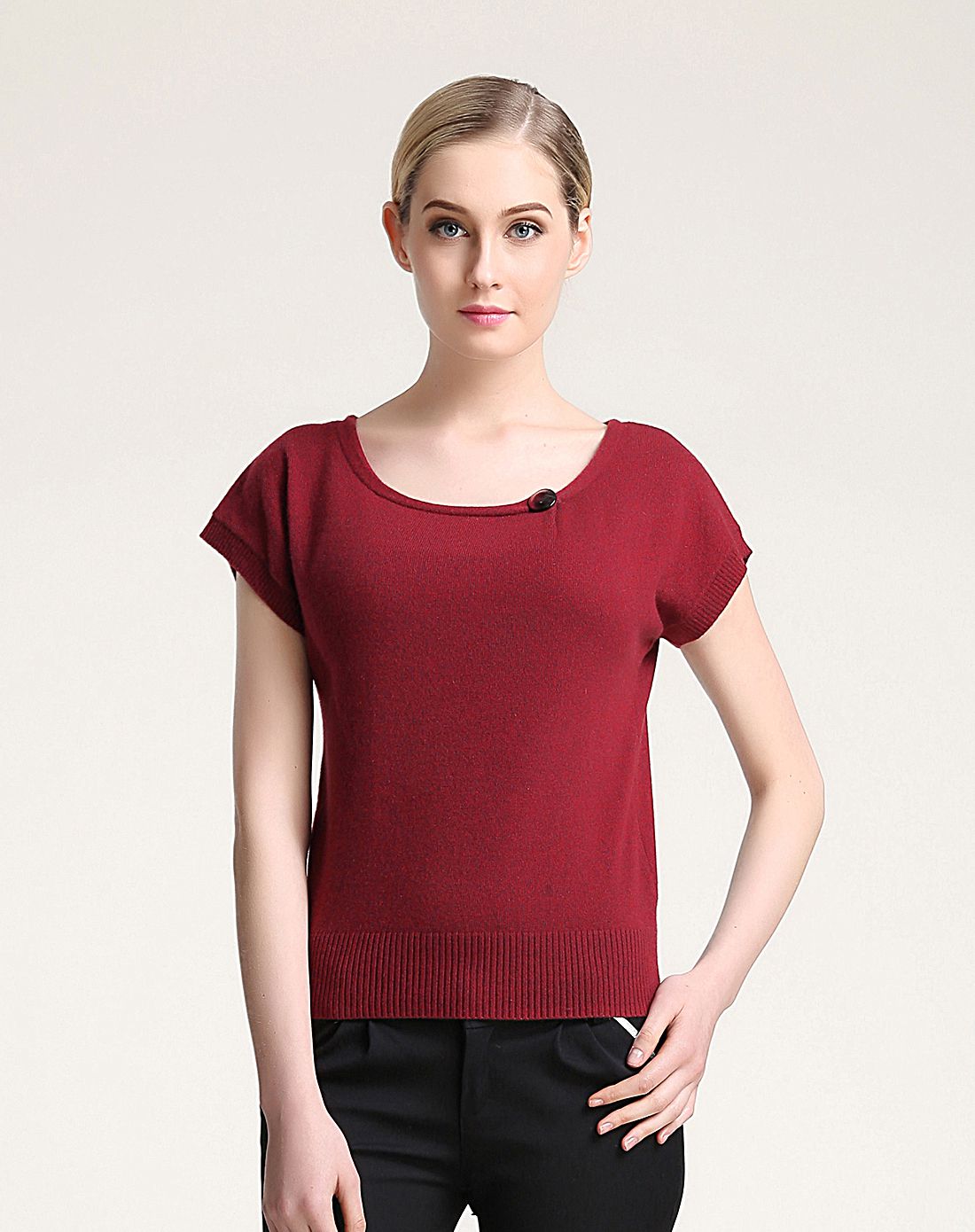 女士圆领一字领短袖羊绒衫