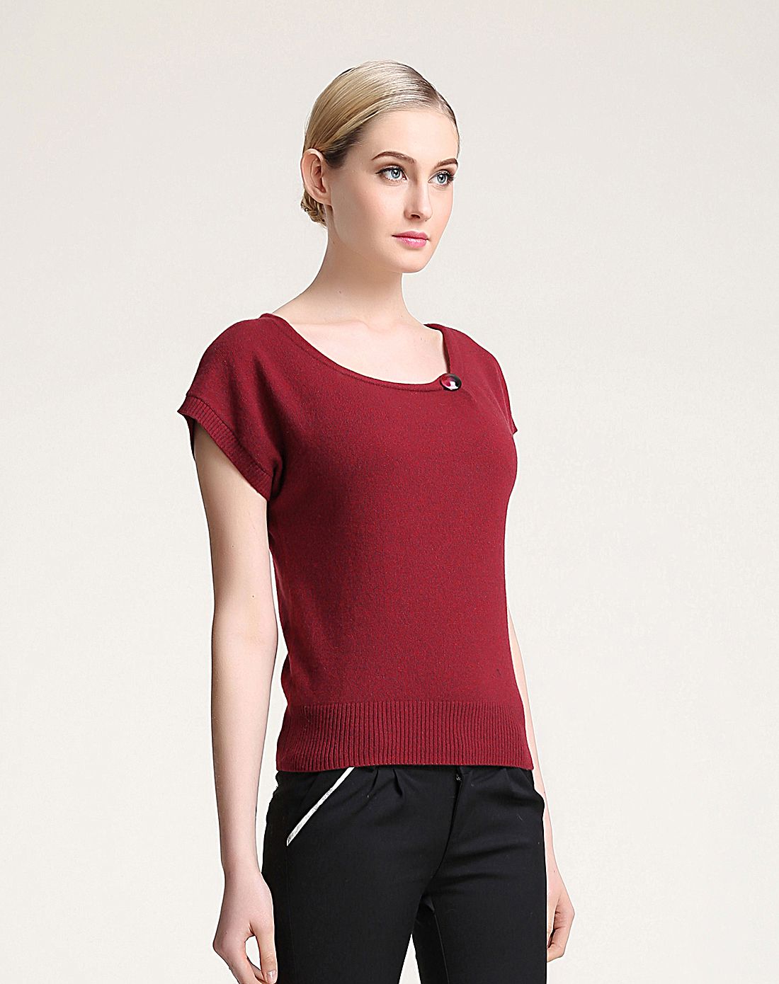 女士圆领一字领短袖羊绒衫