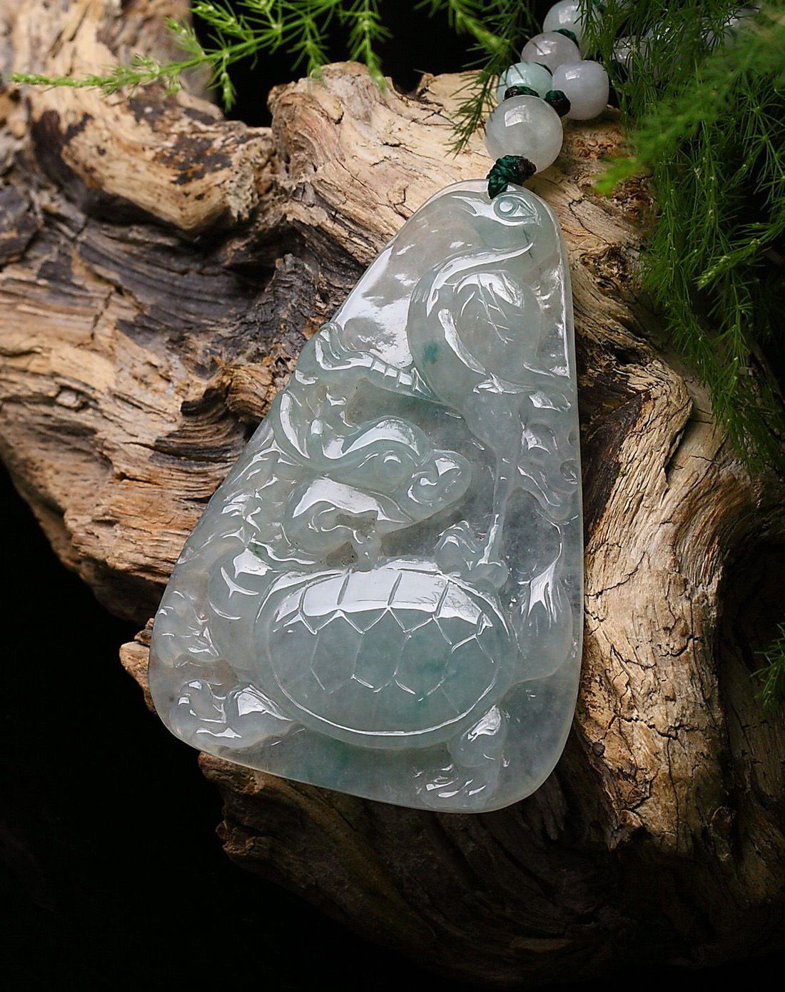 天然a货冰糯种飘花翡翠龟鹤延年吊坠(绳编赠链)