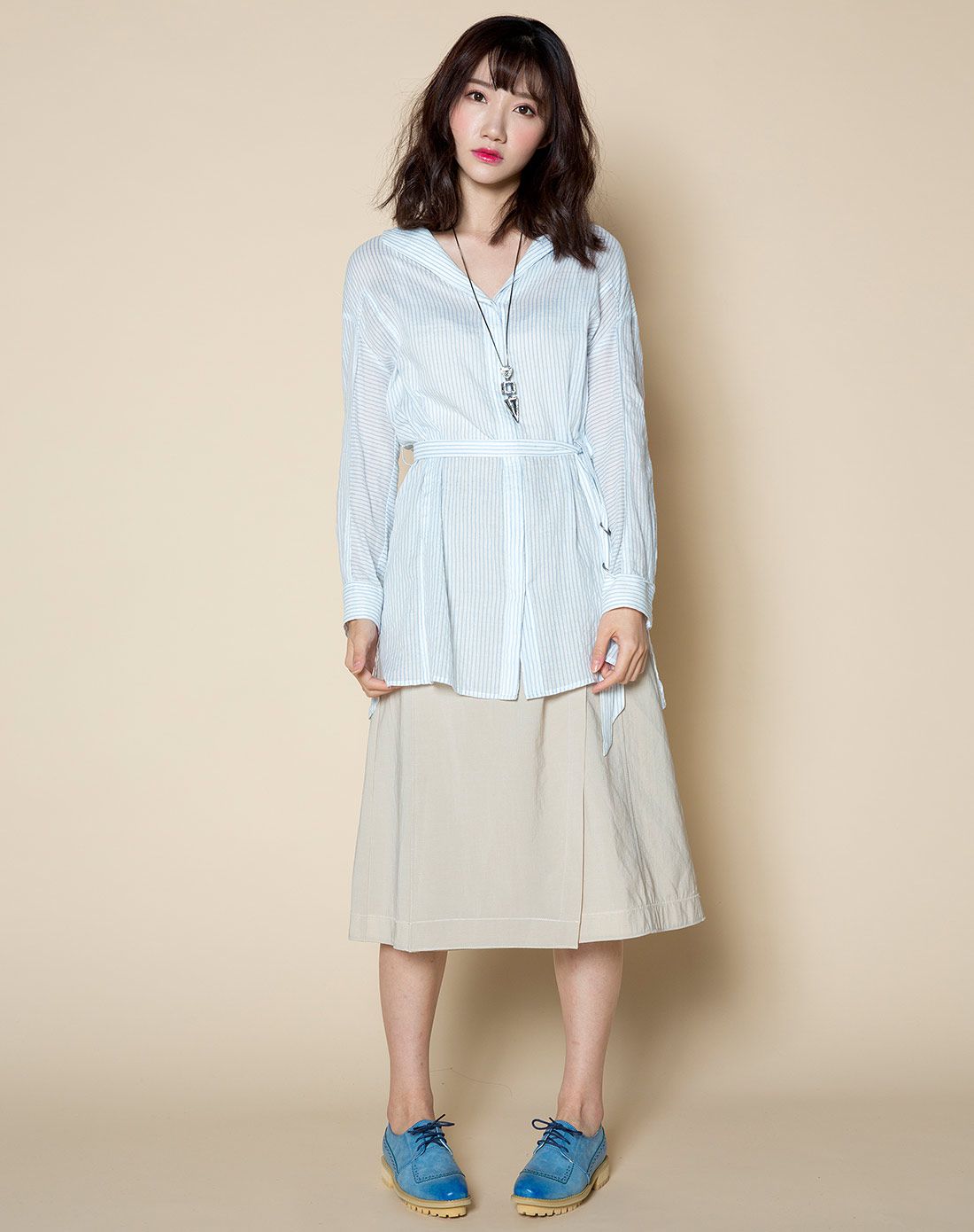 doubleudot达点韩版女式蓝色条纹宽松衬衫