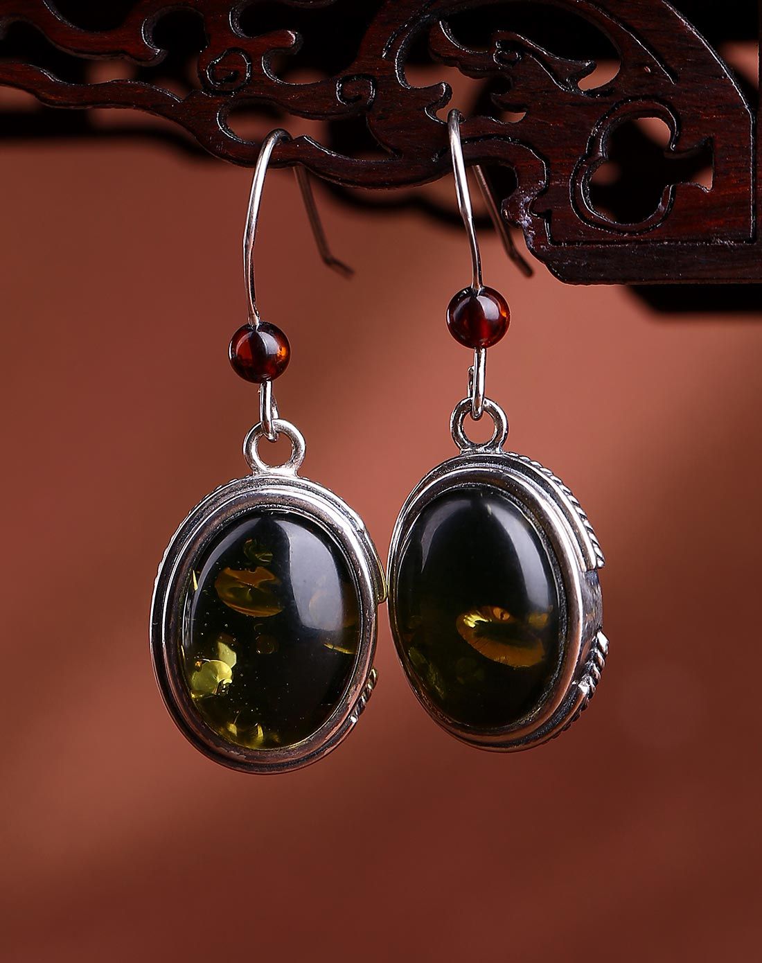 辟邪保平安绿花珀耳环附证书