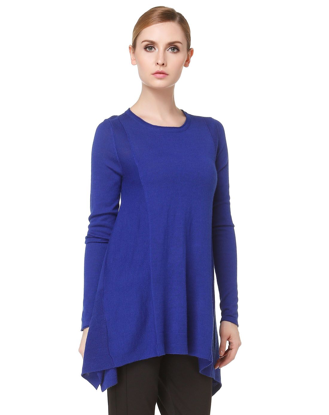 宝蓝色简约俏丽中长款长袖针织衫