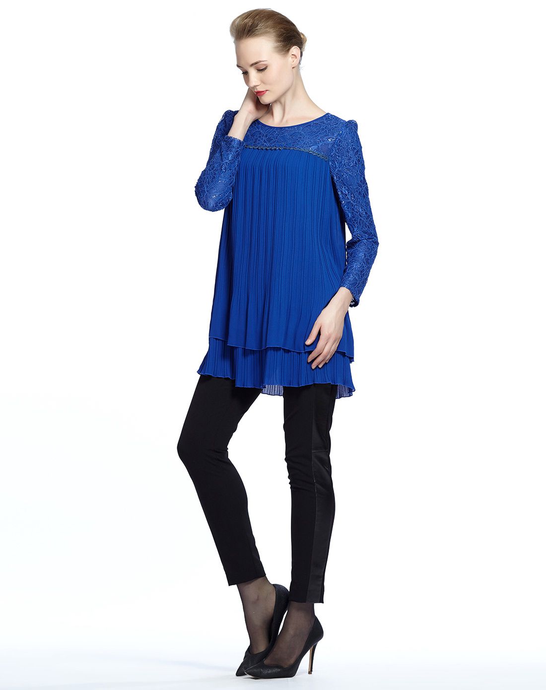 群青色典雅气质长袖套头衫