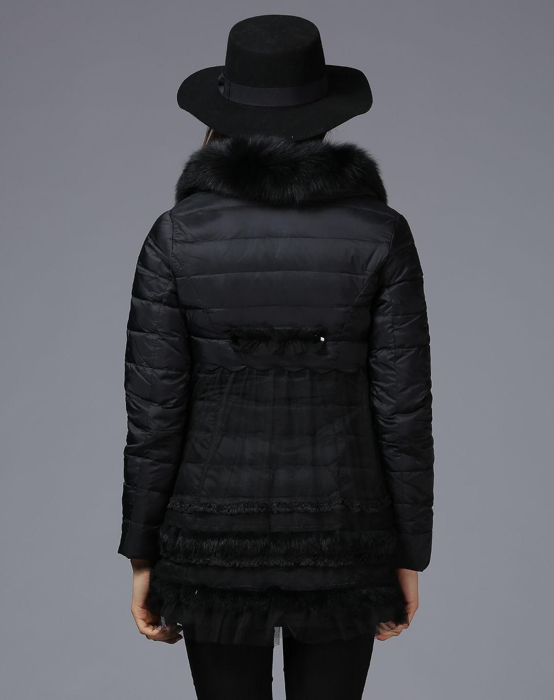 女装专场 黑色獭兔毛领拼接羽纱双层加厚宽松羽绒服