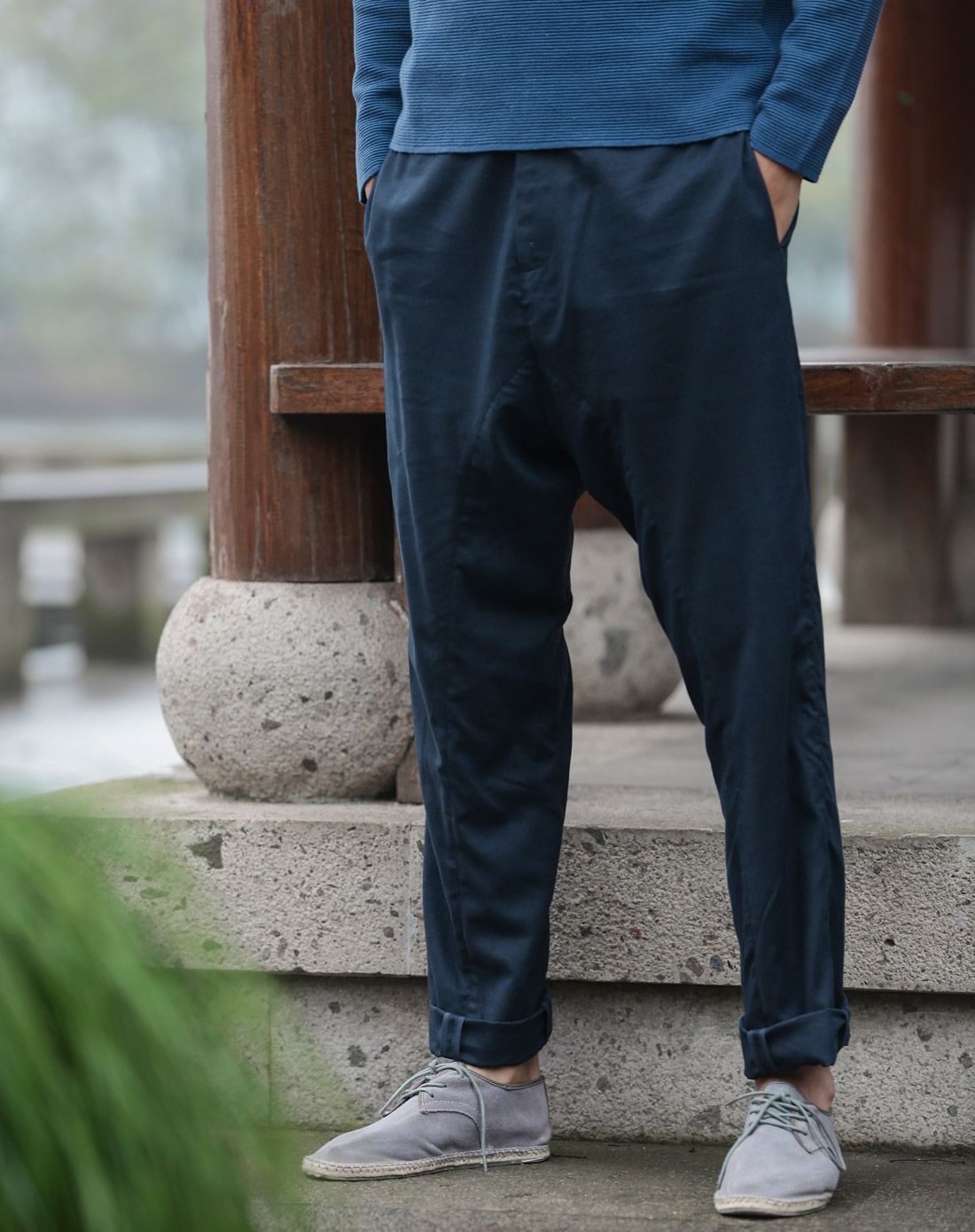 男款藏蓝中腰低裆垮裤休闲裤