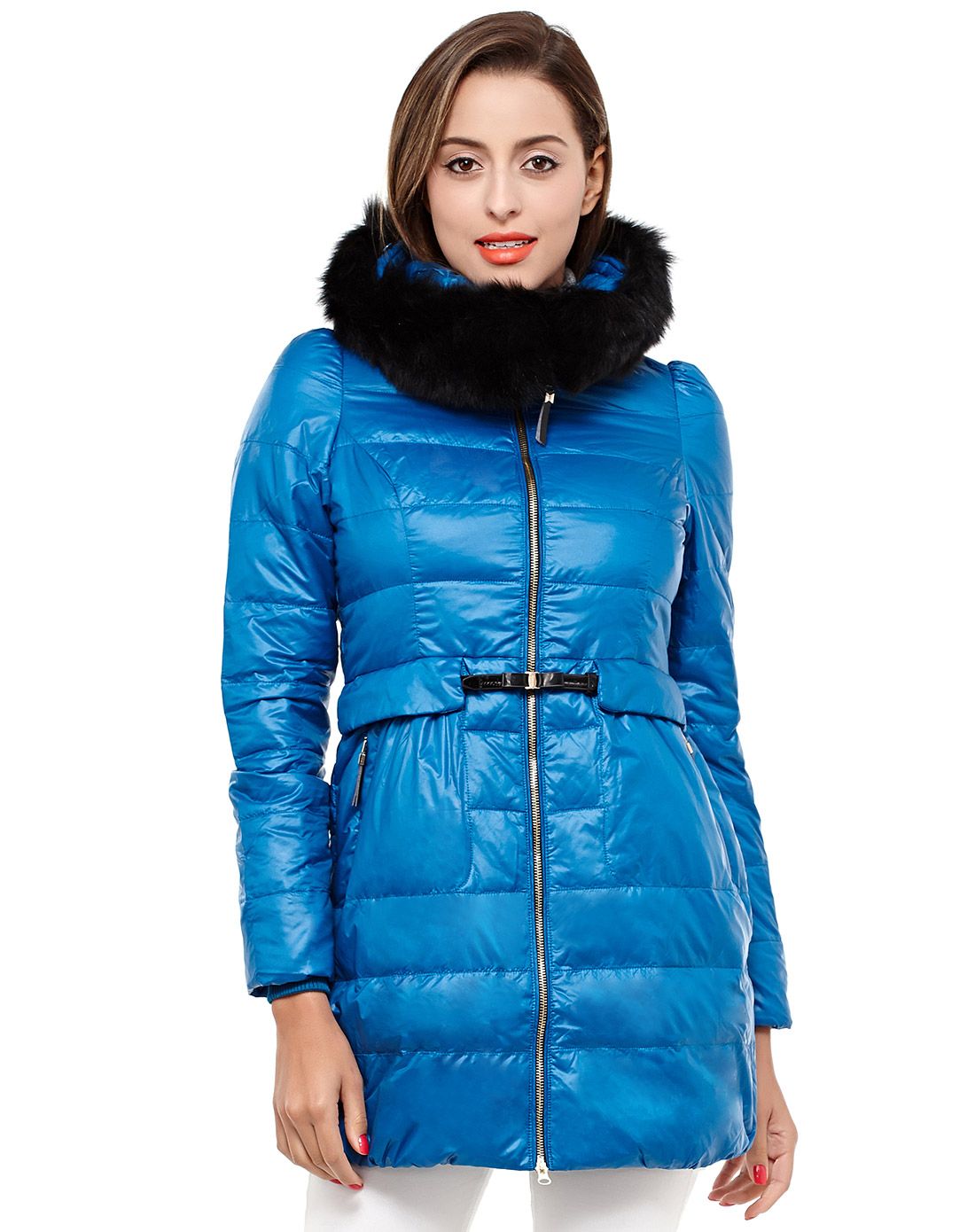 女款波斯蓝大众中羽绒服