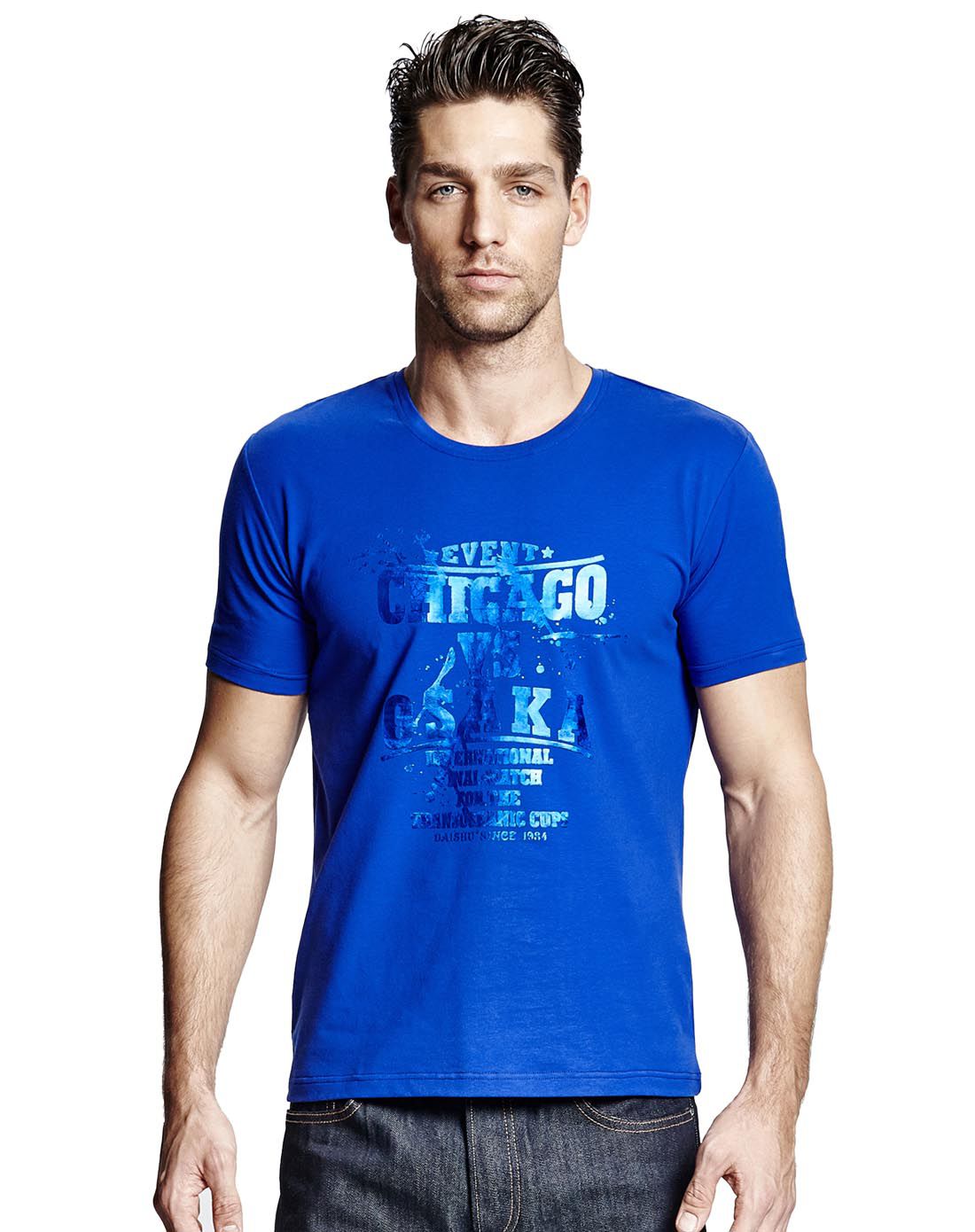 男彩蓝色莱卡棉圆领男士t恤