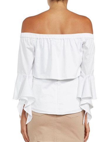 bardot女装专场 女士bambi全棉象牙色一字领露肩荷叶边装饰七分袖上衣