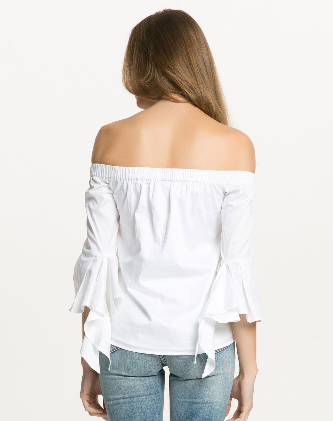 bardot女装专场 女士bambi全棉一字领露肩荷叶边装饰七分袖上衣