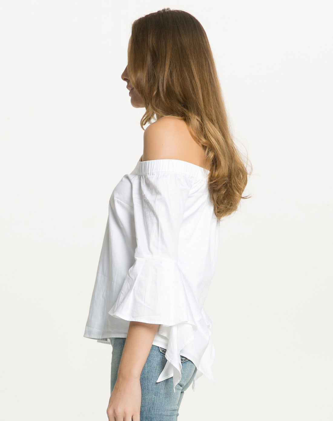 bardot女装专场 女士bambi全棉一字领露肩荷叶边装饰七分袖上衣