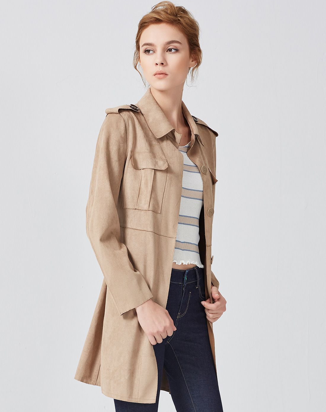 浅卡其色复合麂皮绒英伦风外套