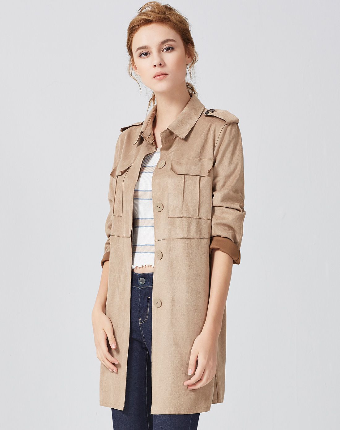 浅卡其色复合麂皮绒英伦风外套