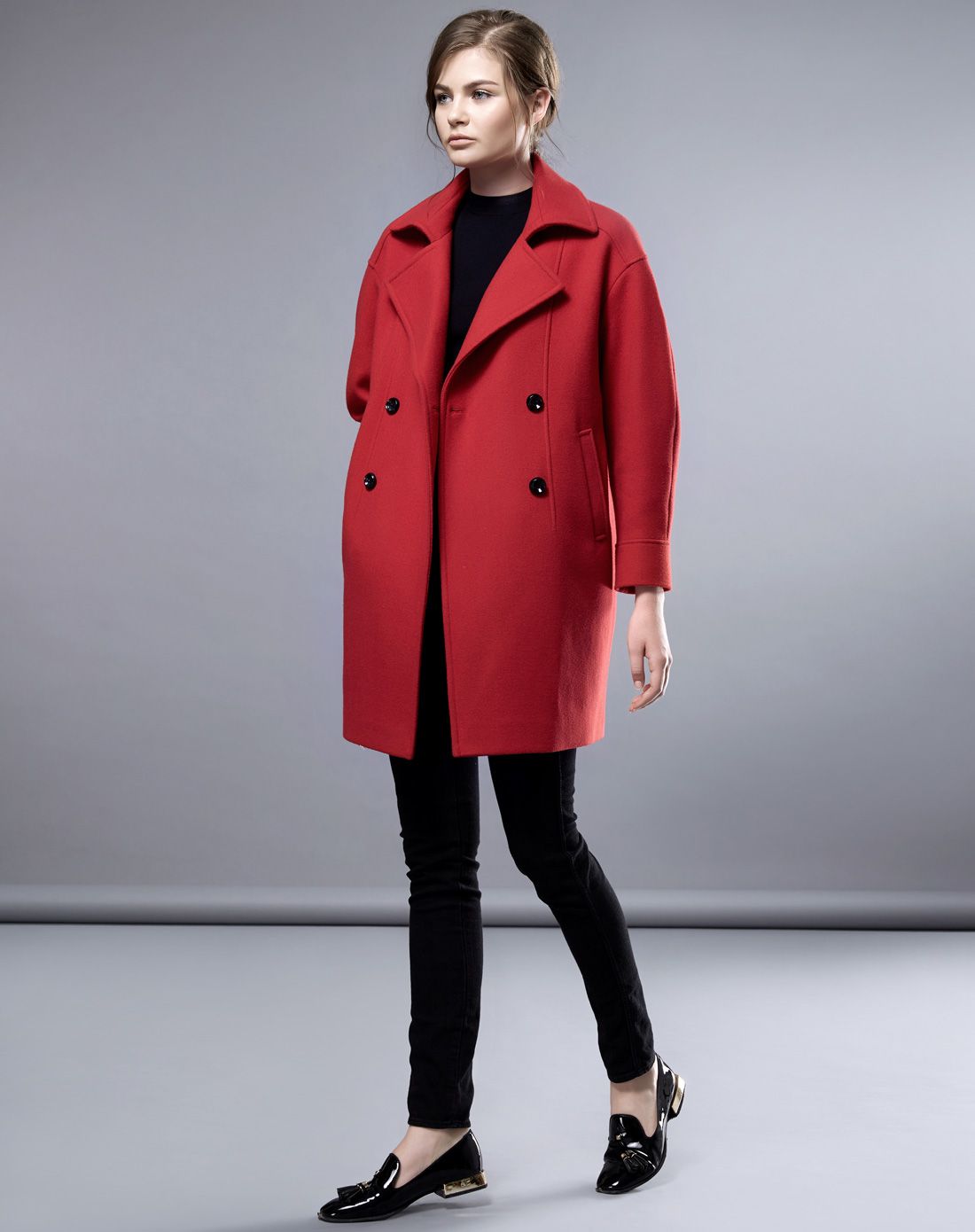 红色欧美廓形毛呢大衣