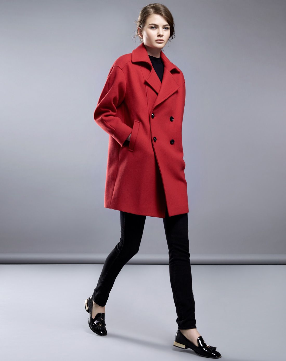 红色欧美廓形毛呢大衣