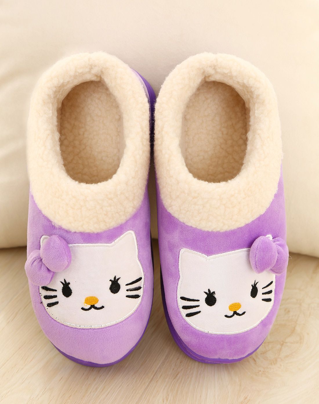 女士紫色卡通猫咪保暖棉鞋