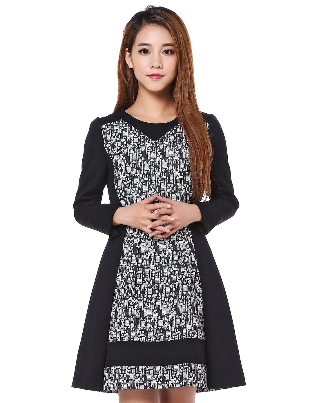 & coiincos女装onon安乃安藏青色优雅高贵长袖连衣裙nw5wo629-23