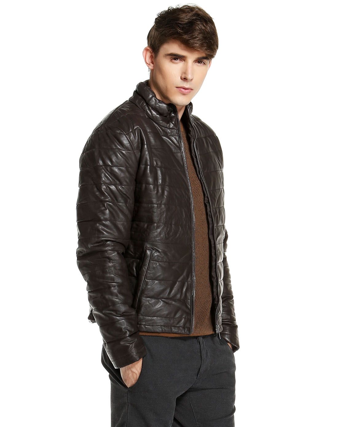 trussardi男女服装配件专场男款深咖色横条车线小立领夹棉长袖皮衣52s