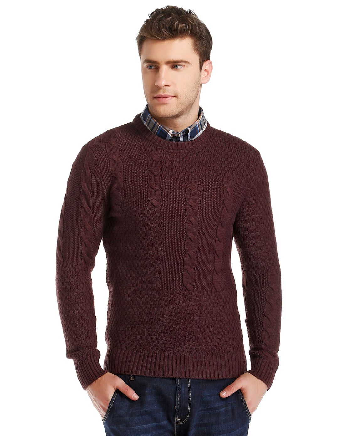 紫酱色圆领提花舒适长袖针织衫