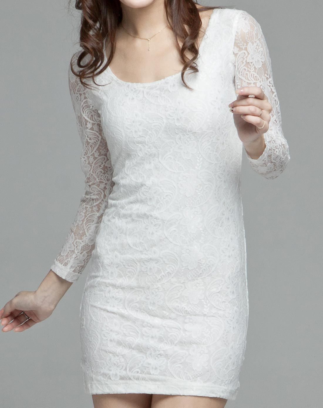 白色长袖蕾丝纯色包臀连衣裙