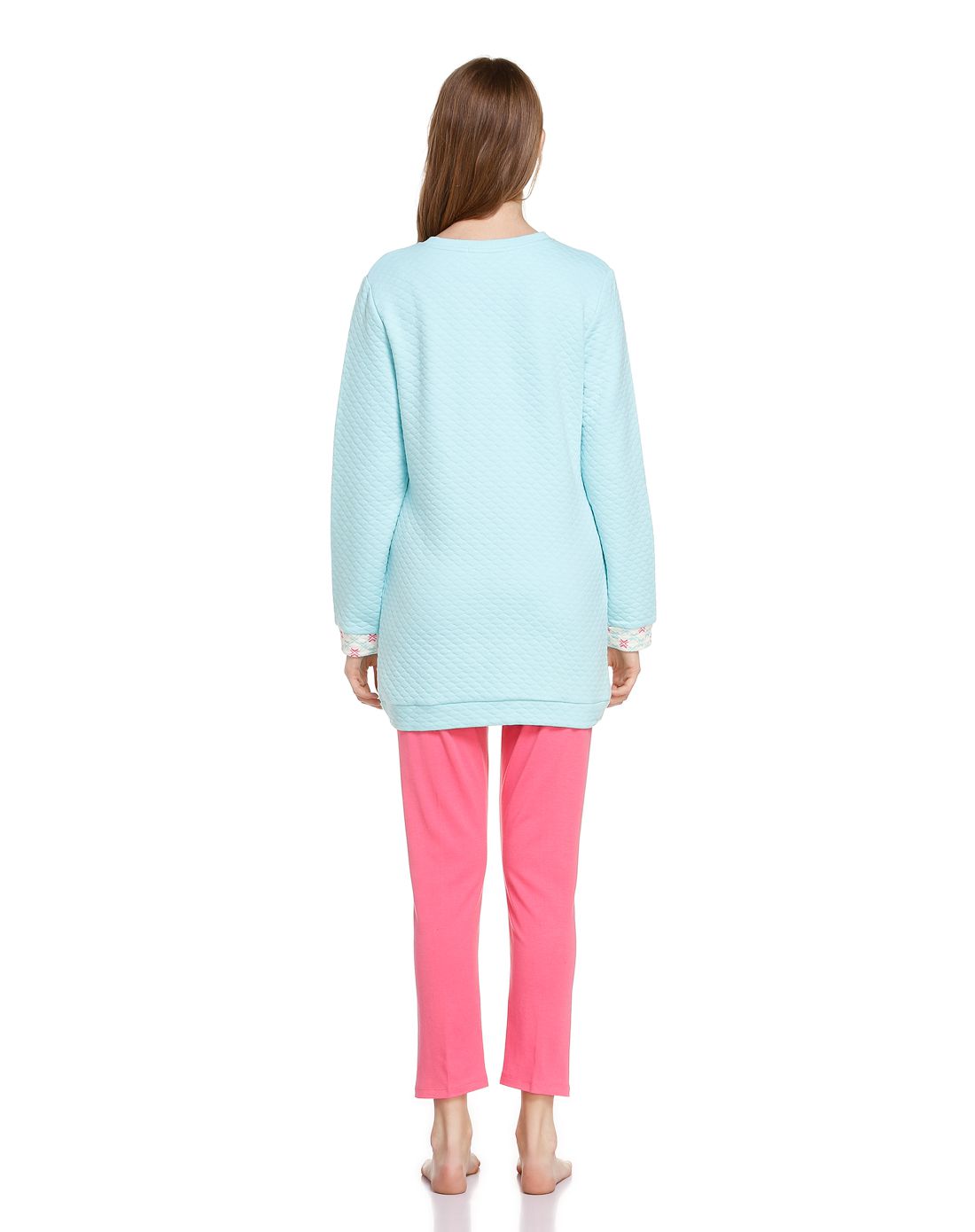 侬媚儿女款粉蓝/粉红色简洁绣花长袖家居服套装